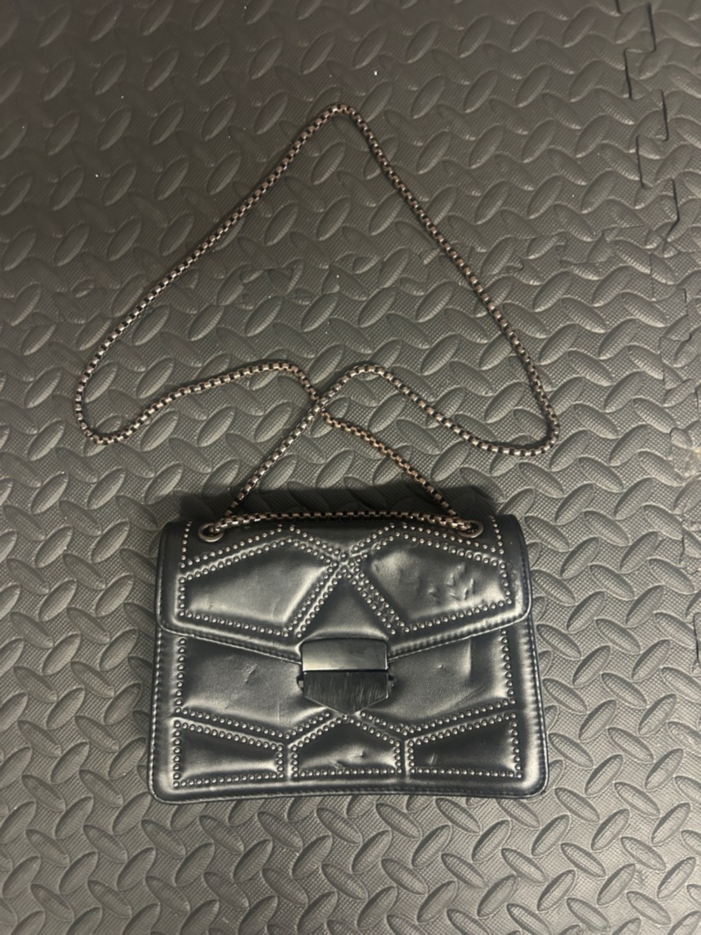 Black Stud-Detail Quilted Crossbody Bag with Chain Strap